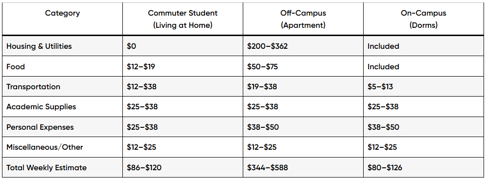 USA College Student Weekly Budget